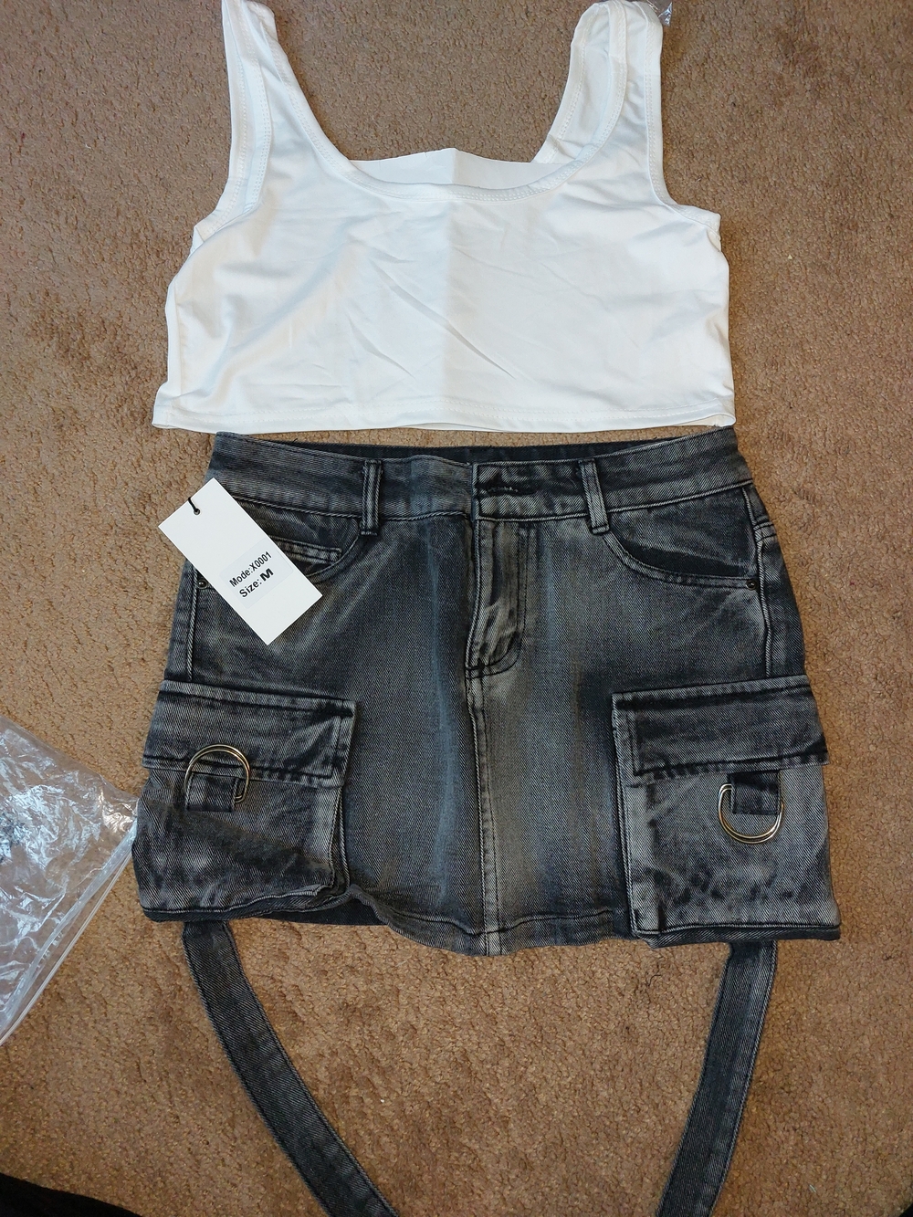 White Cropped Tank Top & Washed Black Denim Mini Skirt Set